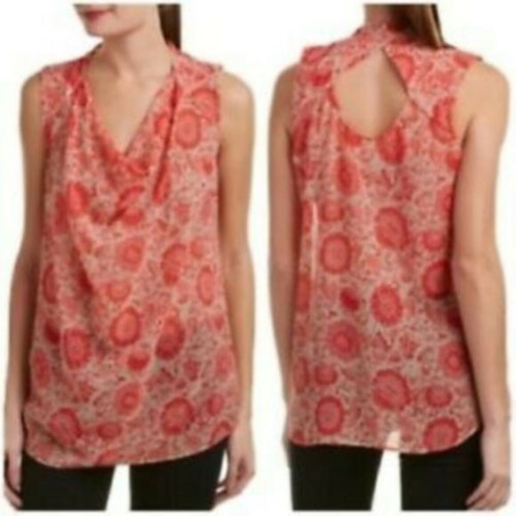 Cabi Vita Blouse Top XS Pink Draped Cowl Neck Sheer‎ Sleeveless Floral 5037 - Picture 1 of 11